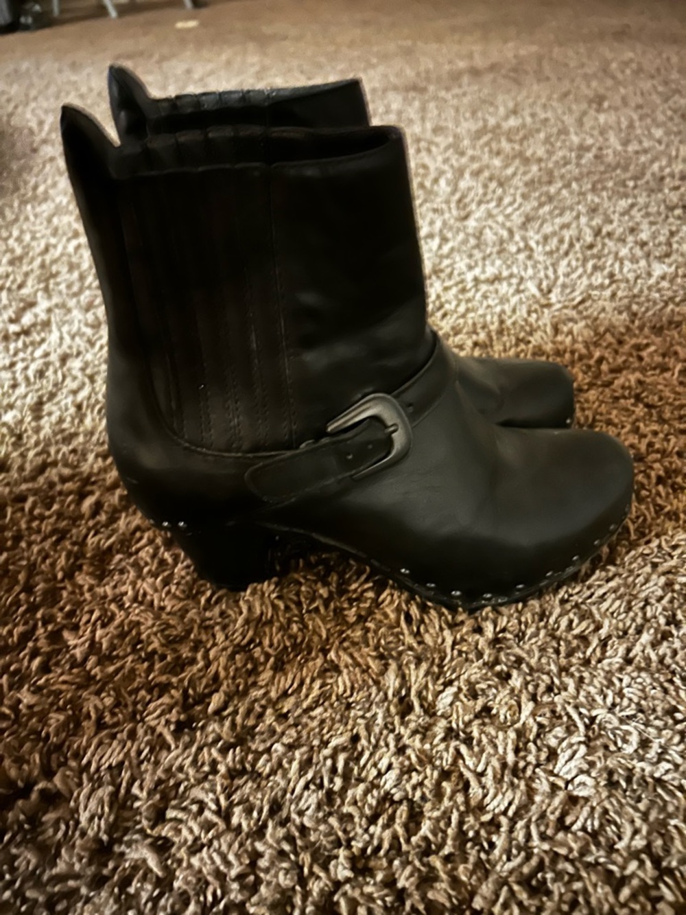 Dansko Black Leather Ankle Booties with Buckle and Stud Trim